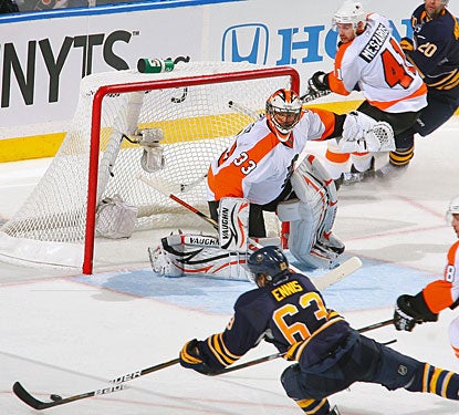 Brian Boucher gets ready to stop a shot by Buffalo's Tyler Ennis, one of his 24 saves. (Getty Images)