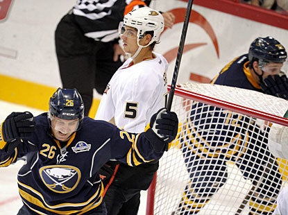 Thomas Vanek (26), Buffalo's top scorer for five seasons, celebrates his second power-play goal. (AP)