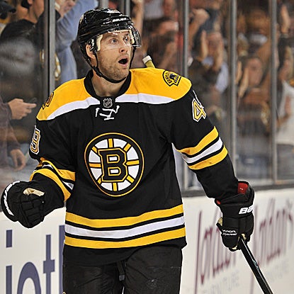 Rich Peverley celebrates after one of his two goals in the Stanley Cup champions' first win of the young season. (Getty Images)