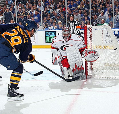 Goalie Cam Ward makes one of his 39 stops as the Hurricanes get the win in Buffalo's home opener. (Getty Images)