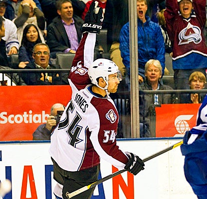 Avalanche right winger David Jones celebrates his game-winning OT goal against the Maple Leafs. (AP)