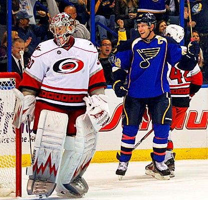 Blues' David Backes (right) celebrates after scoring past Hurricanes' goalie Cam Ward. (AP)