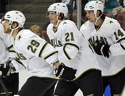 Loui Eriksson (21) starts the scoring for Dallas 13 seconds into the game and also ends it with a tally in the third. (AP)