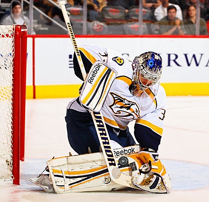 Nashville's Pekka Rinne stops one of the 35 shots on goal against Phoenix. (Getty Images)