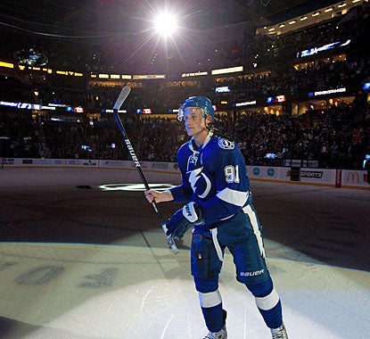 Steven Stamkos takes the spotlight for the first star of the game after collecting his fourth career hat trick. (Getty Images)