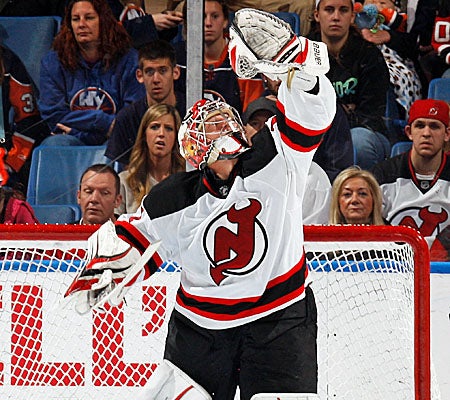 The Devils' Johan Hedberg stops 23 shots to earn his second shutout of the season and 19th of his career. (Getty Images)