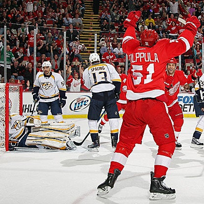 Detroit's Valtteri Filppula celebrates his second goal of the night against the Nashville Predators. (Getty Images)