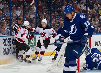 Zach Parise (left) and Adam Henrique both score a goal and add two assists for the Devils. (Getty Images)