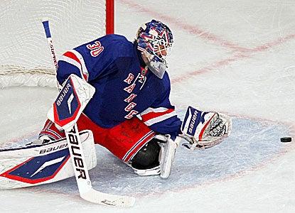 Goalie Henrik Lundqvist stops 28 shots to record the shutout for the Rangers. (US Presswire)