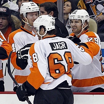 After a three-year sabbatical from the NHL, Jaromir Jagr returns to Pittsburgh as a Flyer and nets a goal. (US Presswire)