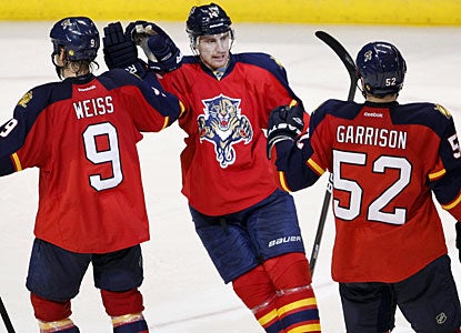 Tomas Fleischmann celebrates his empty-net goal which in the end proves to be the winning goal. (AP)