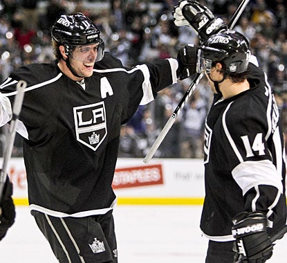 Anze Kopitar shows some relief when he scores and ends a career-worst 17-game goalless drought. (AP)