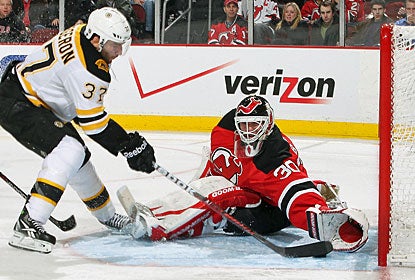 Patrice Bergeron scores the only goal in the second period and starts it up for Boston again early in the third. (Getty Images)