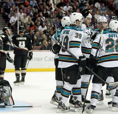 The Sharks celebrate a goal Benn Ferriero in the second period as they solve the pesky Ducks at last.  (Getty Images)