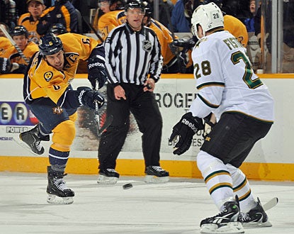 Shea Weber returns from a concussion he suffered in a collision with Stars' Mark Fistric (28) on Dec. 23. (Getty Images)