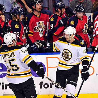 The Bruins' David Krejci (right) celebrates after scoring the winning overtime shootout goal. (US Presswire)