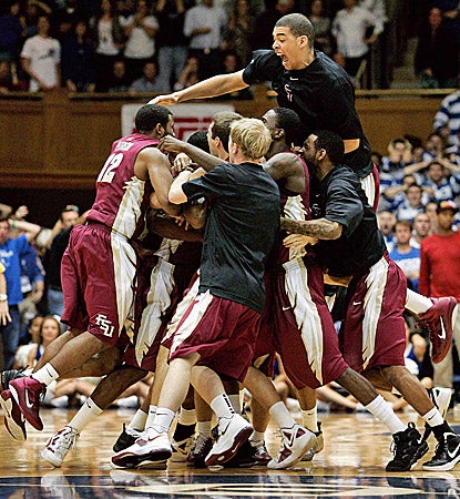 Florida State players celebrate at midcourt after beating Duke, the second top-five team they've beaten in as many weeks. (US Presswire)