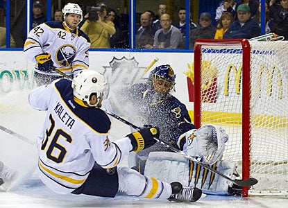 Jaroslav Halak turns aside Patrick Kaleta, stops 19 shots and improves to 11-0-3 in his past 14 starts. (US Presswire)