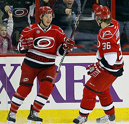 Jeff Skinner celebrates his first-period goal to help Carolina beat Winnipeg for the first time this year.  (AP)