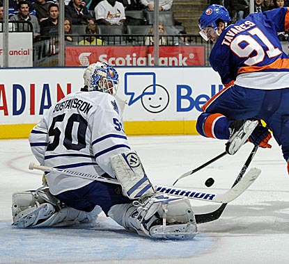 Goalie Jonas Gustavsson and the Leafs' D stop John Tavares' 12-game point streak.  (Getty Images)