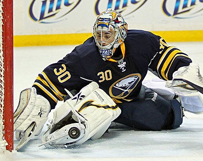 Ryan Miller makes a stop with his skate for one of his 36 saves in the shutout. (US Presswire)