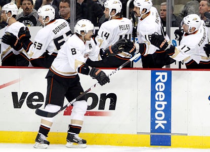 41-year-old Teemu Selanne celebrates his winning goal, the 656th of his career -- good enough for 12th all time. (Getty Images)