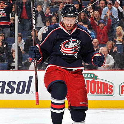 The Blue Jackets' Jeff Carter scores twice in the first period and once more in the third to earn the hat trick.  (Getty Images)