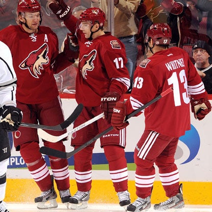 Radim Vrbata (17) scores late in regulation to tie the game, helping the Coyotes fight back from a three-goal deficit. (Getty Images)
