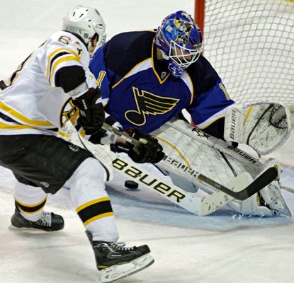 Brad Marchand scores one of his two goals on the night for the Bruins and has 21 for the season.  (AP)