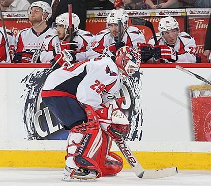 Washington's Tomas Vokoun trudges off the ice in the second period after allowing Ottawa's fourth goal.  (Getty Images)