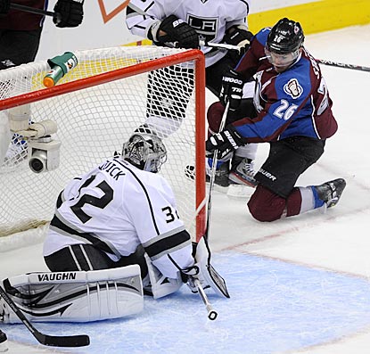 Jonathan Quick is too slow to stop Paul Stastny from scoring the first of his two goals. This one puts Colorado up 2-0.  (US Presswire)
