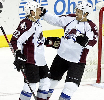 The Avalanche's Matt Hunwick (left) celebrates his third-period goal with David Jones. (AP)