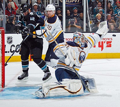 After stopping 43 shots against Anaheim, Ryan Miller makes 39 saves versus San Jose for another perfect game. (Getty Images)