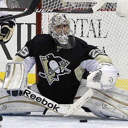 The Penguins' Marc-Andre Fleury earns his 36th victory of the season, one behind the Predators' Pekka Rinne for the NHL lead.  (Getty Images)