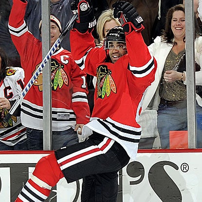 Defenseman Johnny Oduya scores a goal and tallies an assist as the Blackhawks hand the Rangers their third straight loss.  (Getty Images)