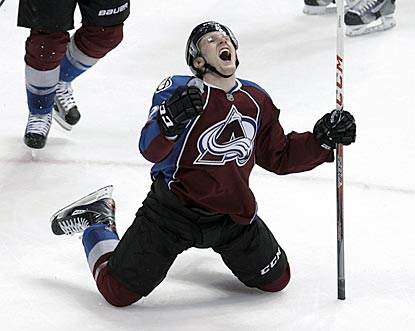 Gabriel Landeskog, Colorado's 19-year-old Calder Trophy candidate, celebrates after scoring in overtime.  (AP)