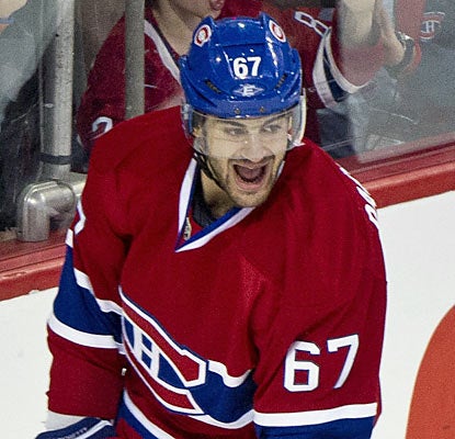 The Habs' Max Pacioretty celebrates one of his two goals, both coming in the final period of play. (AP)