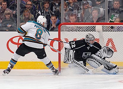 San Jose's Joe Pavelski beats Jonathan Quick up top with a forehand for the only goal of the shootout.  (Getty Images)