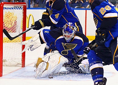 Brian Elliott doesn't start in goal for the Blues, but stops 17 shots to blank the Sharks. (Getty Images)