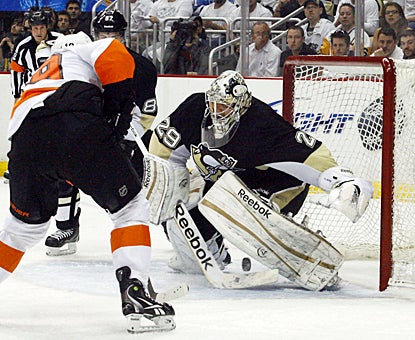 After several lackluster efforts in this series, Pittsburgh's Marc-Andre Fleury comes through with 24 saves on 26 shots. (US Presswire)