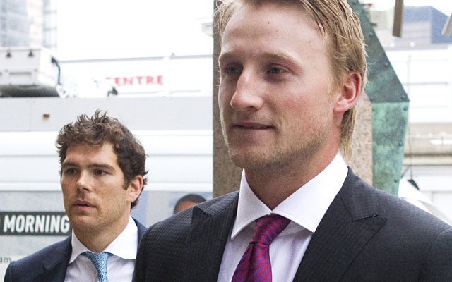 Steven Stamkos and former Tampa teammate Steve Downie (now with the Avs) arrive for talks. (AP)