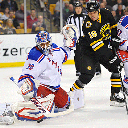 The Rangers' Henrik Lundqvist allows two goals in the final minutes of regulation as the Bruins rally to force OT. (US Presswire)