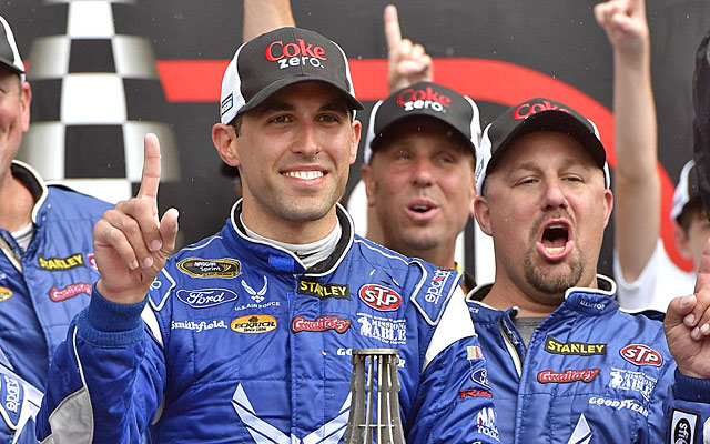 Aric Almirola doesn't mind the rainy day in Florida one bit as he gives Richard Petty a huge win. (USATSI)