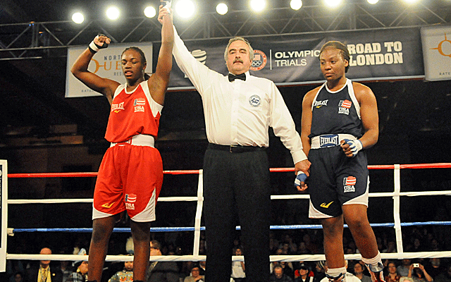 Claressa Shields (red) scores one of her wins at the U.S. Women's Olympic Boxing trials. (US Presswire)
