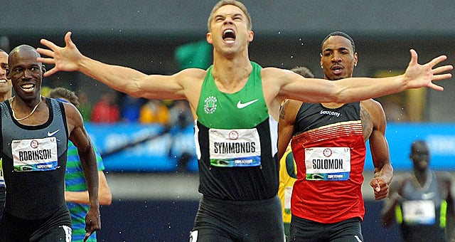 Nick Symmonds celebrates after winning his fifth straight U.S. title in the 800 meters. (US Presswire)