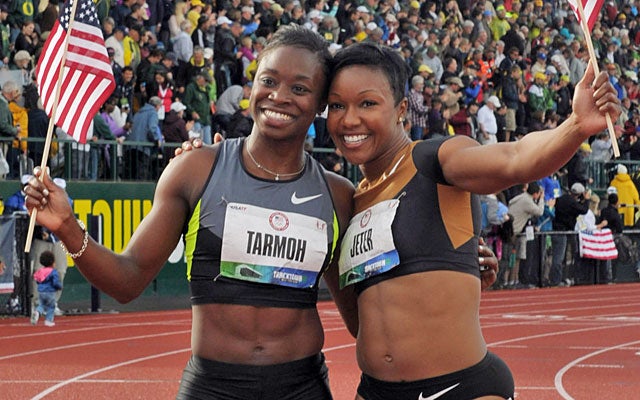 Believing she qualified for London, Jeneba Tarmoh celebrated with 100m winner Carmelita Jeter. (US Presswire)