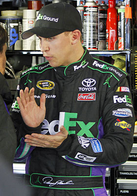 Denny Hamlin is still looking for his first checkered flag this season. (AP)