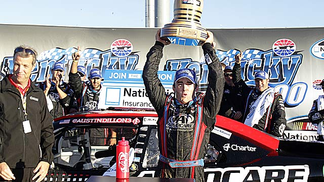 Austin Dillon benefits from Elliott Sadler's steering issues and Ricky Stenhouse's pit mishap. (Getty Images)