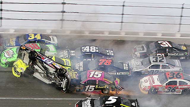Tony Stewart gets airborne during a massive crash that ended Sunday's race. (AP)