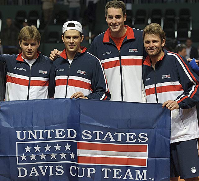The U.S. Davis Cup team -- Ryan Harrison, Mike Bryan, John Isner and Mardy Fish -- wins the first round 3-0. (AP)